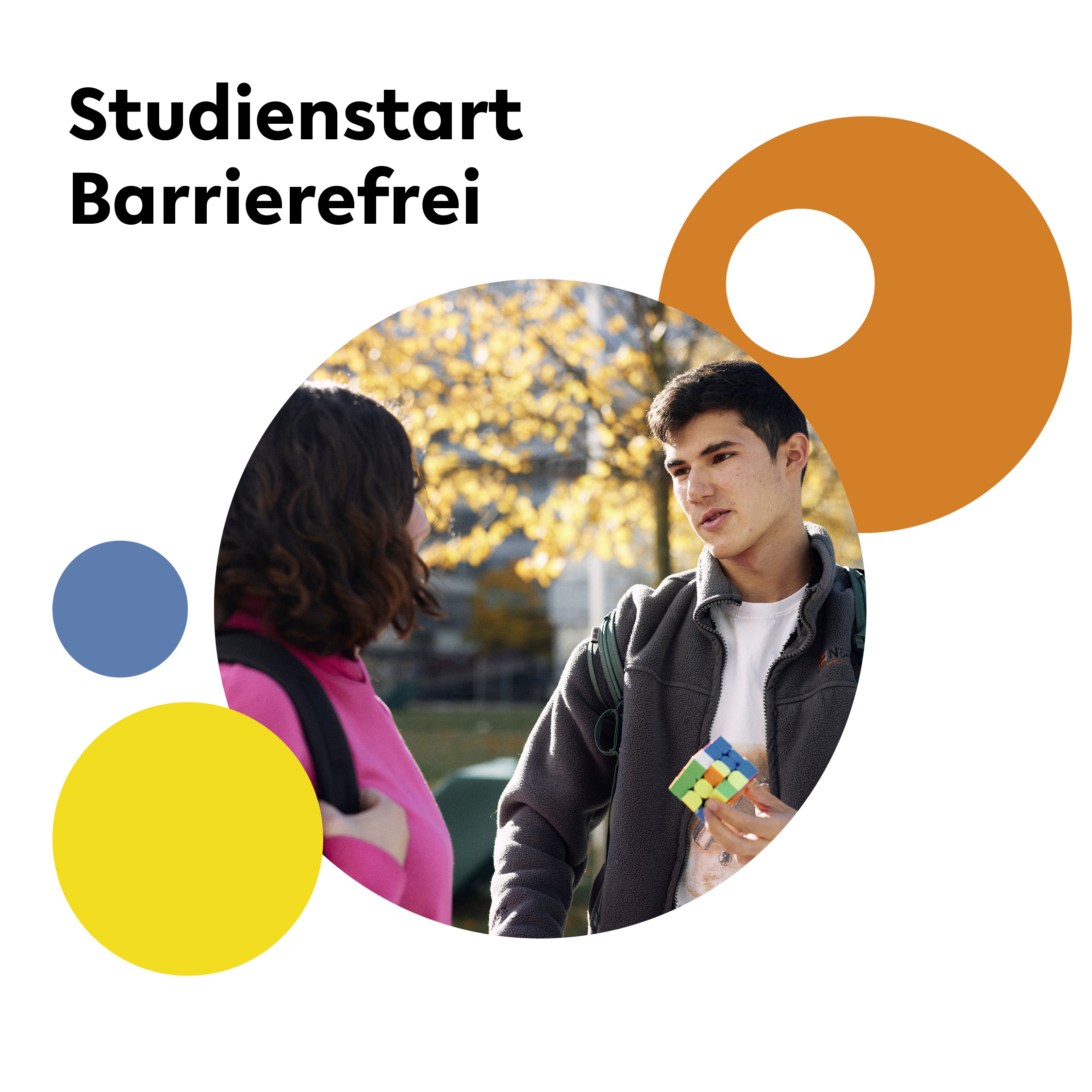 Logo Studienstart Barrierefrei mit Foto von Studierenden