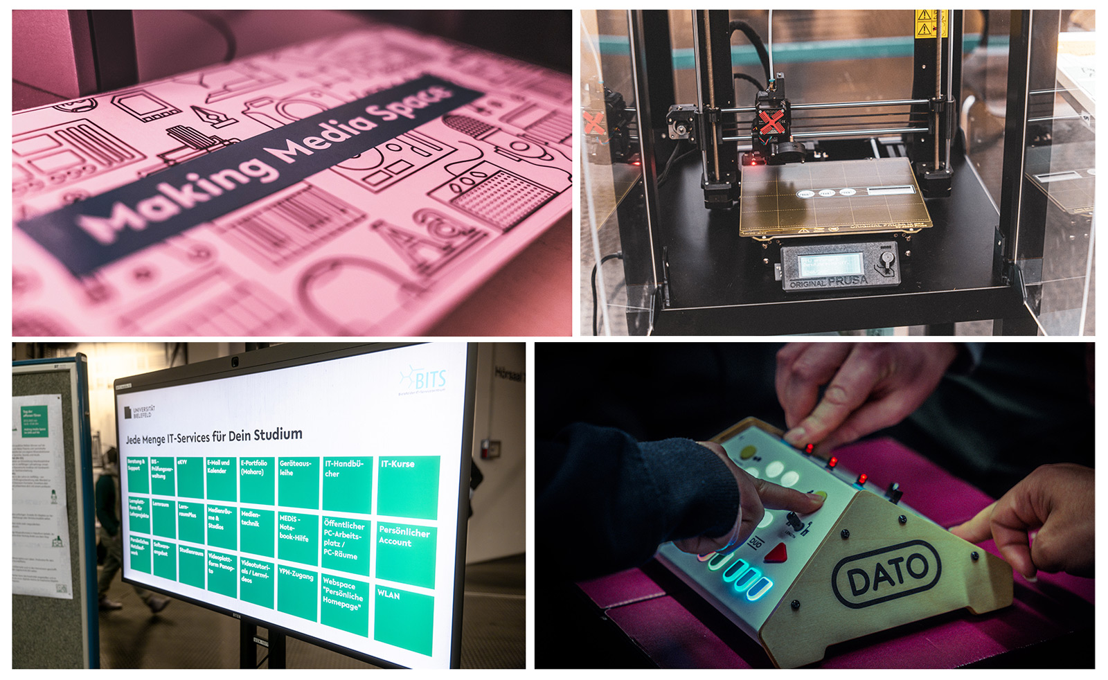 Fotokollage: 3D-Drucker, Monitor mit Liste von IT-Services des BITS