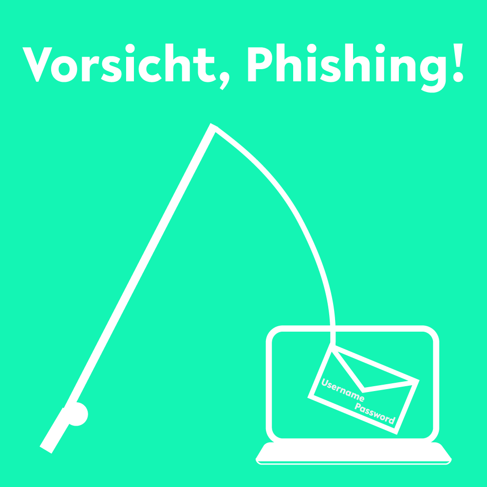 Text: Vorsicht, Phishing! Bild: Angel, einen E-Mail-Umschlag aus einem Laptop fischt.